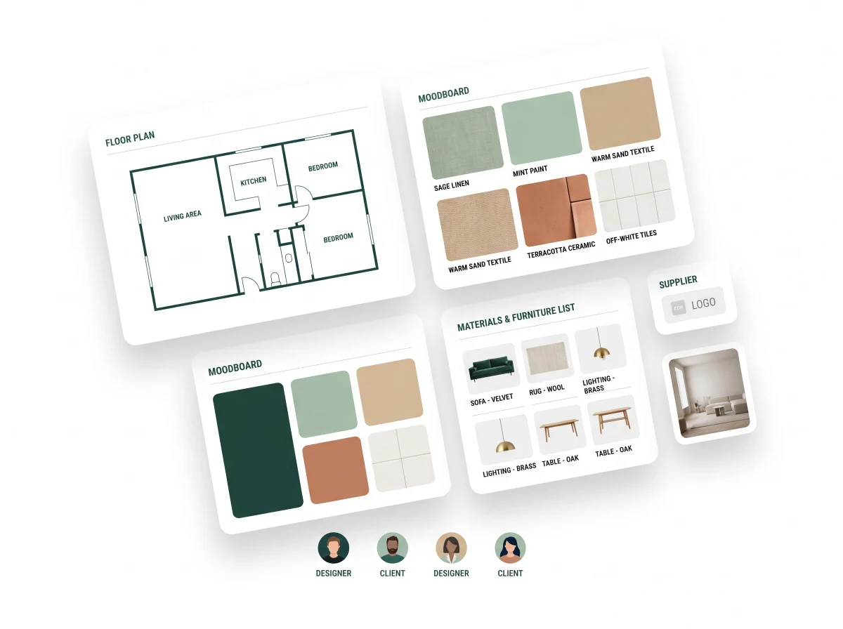 An Oxane project page for an interior-design job — floor plan, moodboard, materials list and suppliers