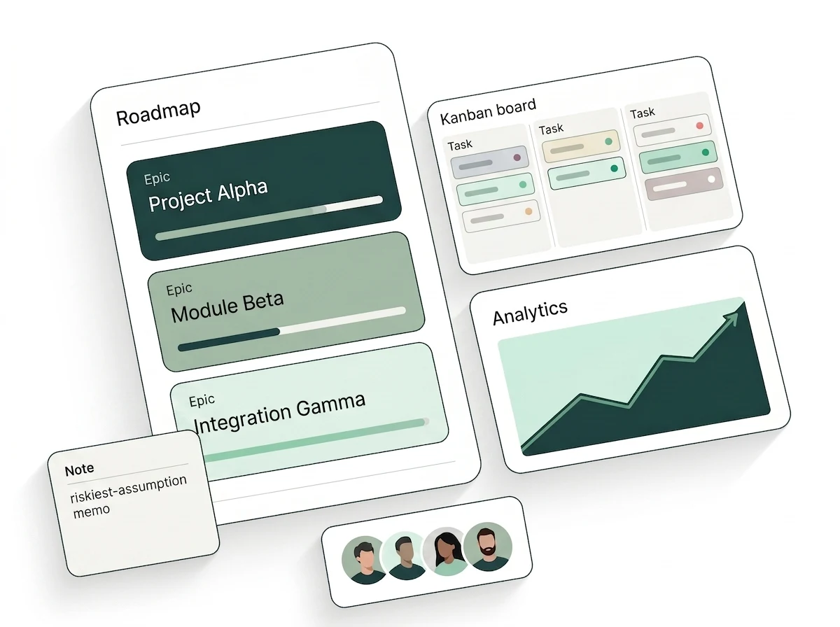 An Oxane project page for a software startup — roadmap, kanban board, traction chart and team